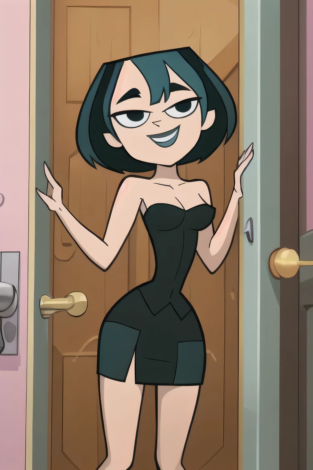 (8k, RAW photo, best quality, masterpiece:1.2), (intricate details), perfect eyes, perfect face, perfect lighting, beautiful, (masterpiece:1.2), (best quality:1.2), 1girl, cartoon style, gwentdi, solo, black eyes, black strapless tube dress, medium breast, smile, standing and posing sexily at the door, left arm up and the right arm down