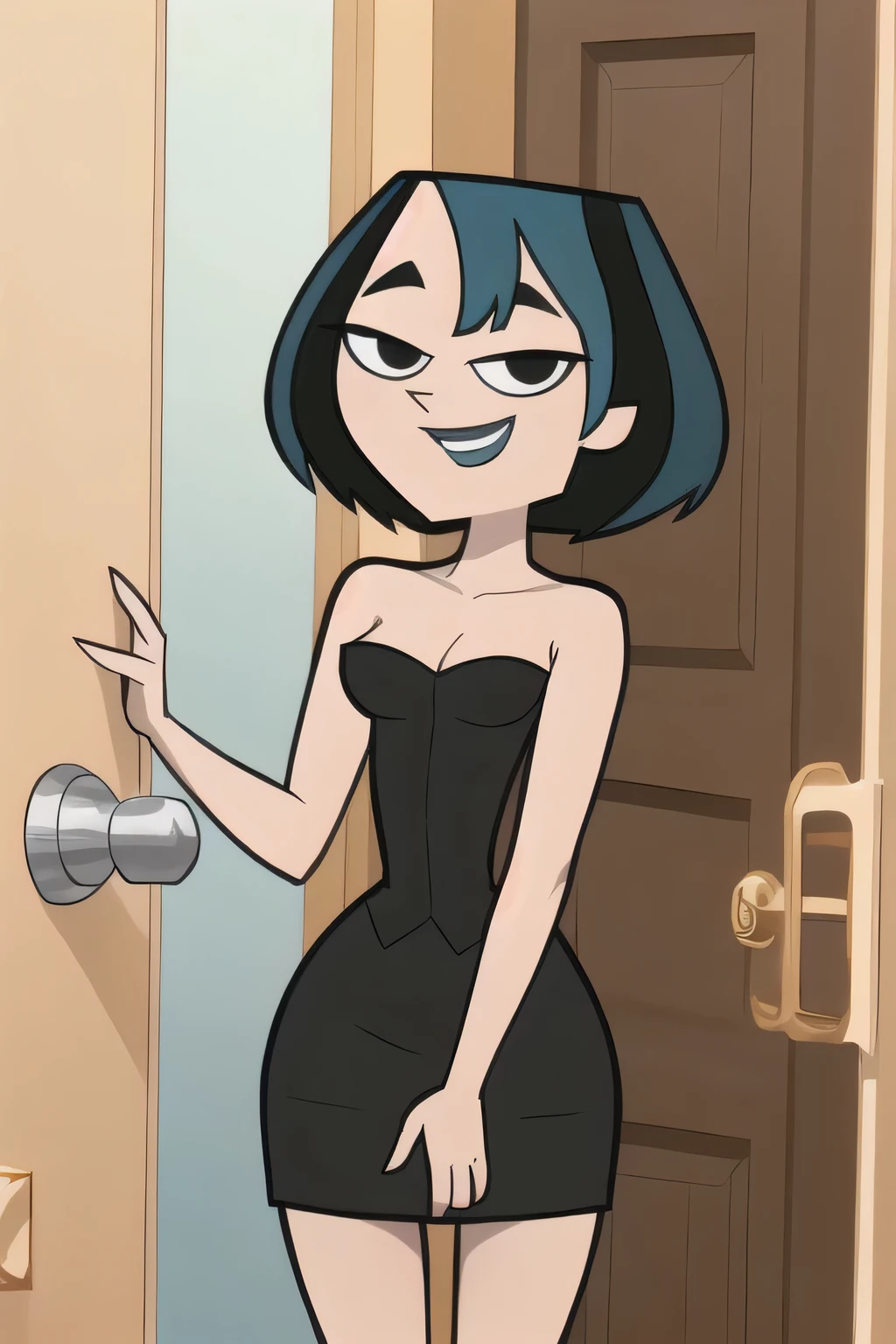 (8k, RAW photo, best quality, masterpiece:1.2), (intricate details), perfect eyes, perfect face, perfect lighting, beautiful, (masterpiece:1.2), (best quality:1.2), 1girl, cartoon style, gwentdi, solo, black eyes, black strapless tube dress, medium breast, smile, standing and posing sexily at the door, left arm up and the right arm down