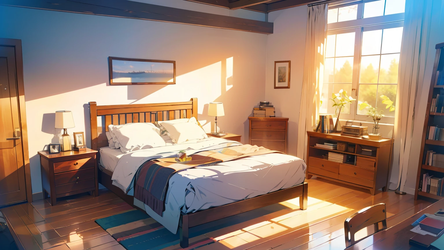 A wooden study、The bed is placed、Houseplants are placed、Women&#39;s Room