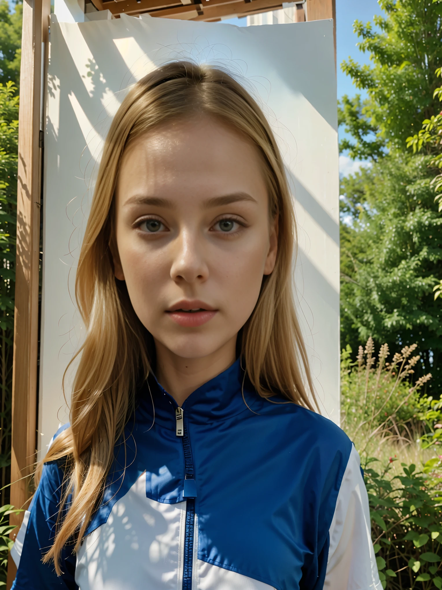 1 girle looks like Ester Expósito, blond hair, Nullanzug, Kontrast, divine rays, blaue Augen, pinkes Haar, Wald Hintergrund, Absolute intensity,