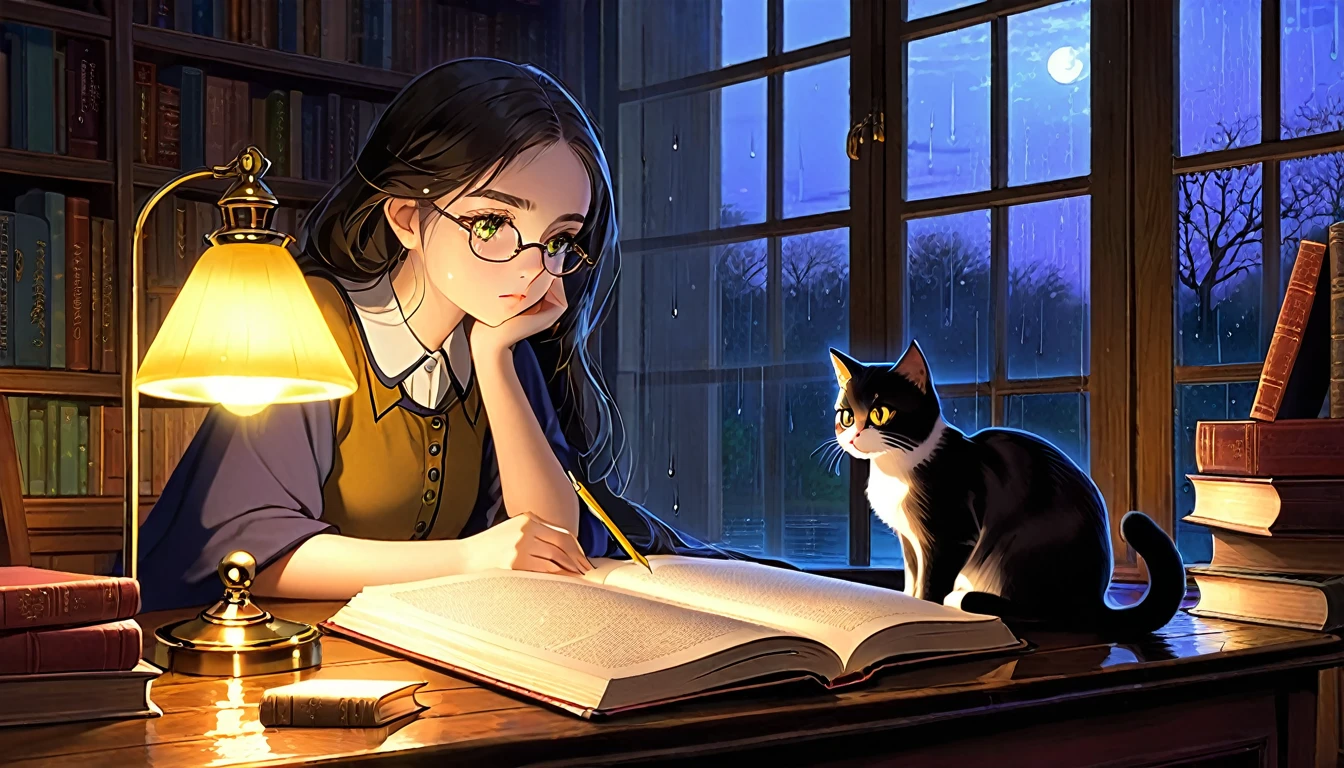 Masterpiece, Best quality, 1girl, Cozy corner, Jumble of books, Profound study, Desk lamp, Yellow glow, Peaceful ambiance, Quiet night, Window, Tranquil countenance, Intensity of concentration, Composed posture, Inquisitive eyes, Subtle tilt, Nimble fingers, Timeworn margins, Sultry aura, Silent focus, Deep in thought, Scholar, Old world wisdom, Intellectual, Thoughtful, Pensive, Well-read, Intellect, Knowledgeable, Wisdom seeker, Glimpse into the mind, Soaking up the knowledge, Absorbing the information.
A girl, enscon,evening,rainy,with cat,