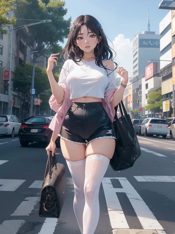 Maximum quality、Membros completos、dedos completos、uma linda mulher、Linda mulher peituda、Mulheres com cabelos lisoulher de cabelos castanhos、Top de malha laranja com gola alta e sem mangas、White shorts、black pantyhose、Um grande sorriso、Street trees、shibuya