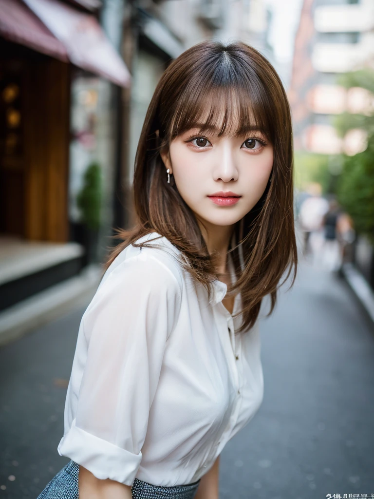 cyber punk, highest quality, masterpiece, shape, Realistic, photo-Realistic, wonderful, finely, Very detailed, High resolution, Very detailed, unity 8k wallpaper, Full body shot of a beautiful young woman with Korean-style features resembling a popular actress, Blouse, Ruffled Skirt, Knee high socks, (Very small breasts), thin, She has pink and bluish eyeshadow, bangs, blonde, short hair, head, and arms. Standing and looking at me, Japanese residential area, Narrow eyes, Long and narrow eye shape, Three white eyes, Confident expression, Evil look, Very slender and beautiful legs, Beautiful and thin thighs, Earrings,
