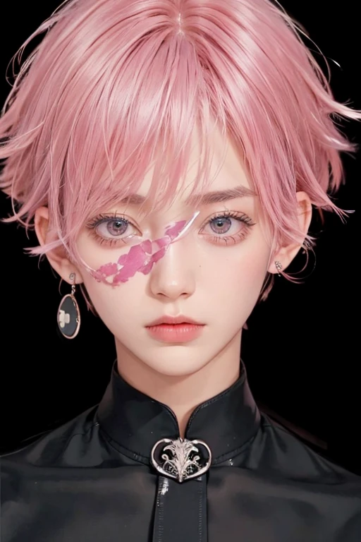 1male, short hair, pink hair, pink eyebrows, silver earrings, black shirt, realistic