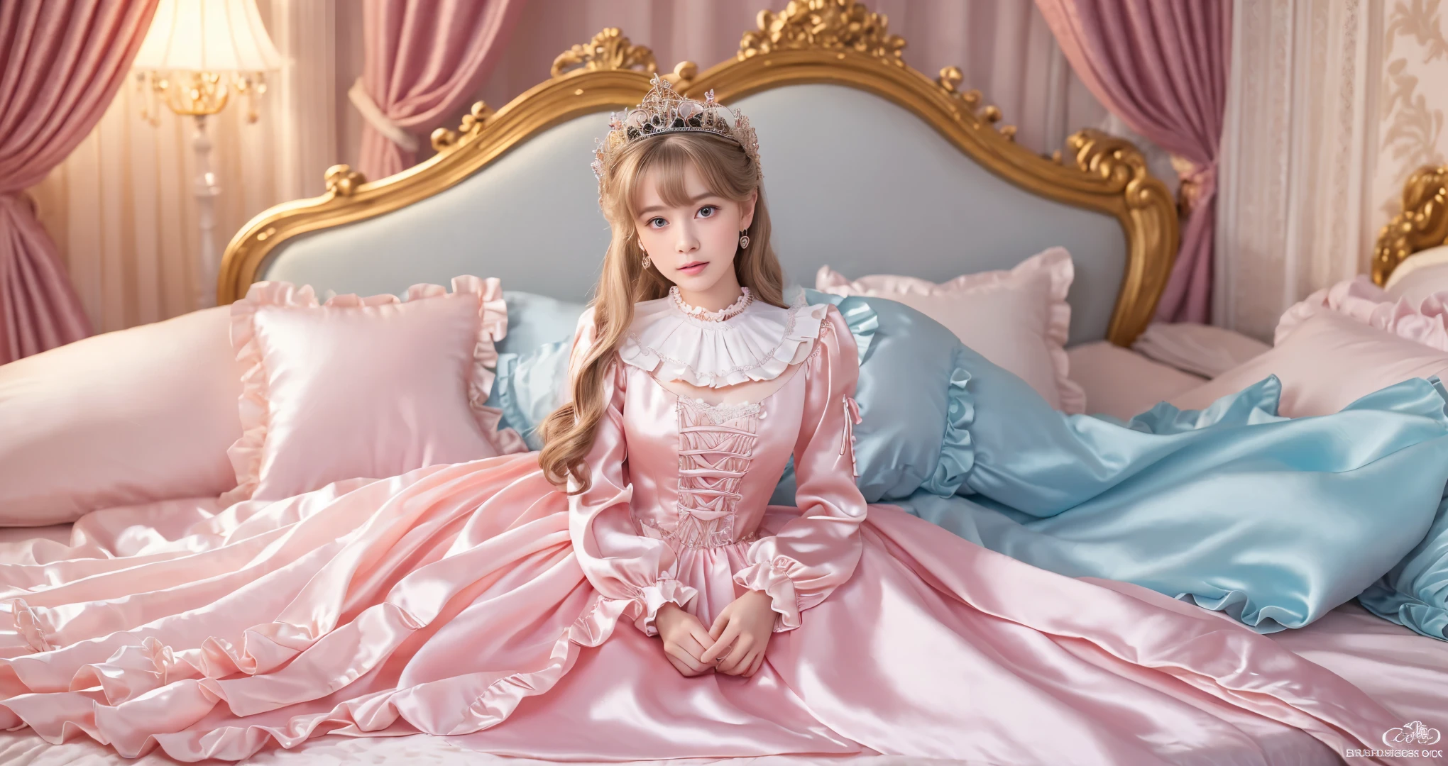 ,highest quality, masterpiece, Highest Resolution, artwork, super それにGet used to it, many Get used to it, Get used to it, それにGet used to it, 3K realistic photos,,((10 year old女の子)),Super detailed baby face,The two girls are princesses,Full-length ball gown dress with hoop skirt,Frilled yoke collar,Puff sleeves,Long sleeve,((Lolita Style Detailed Princess Satin Dress、Lots of frills and ribbons。)),colorful rococo fashion,shiny satin dress,Soft and smooth fabric,luxury,Long blonde hair,blue eyes,White skin European,pajamas,((Inside the palace)),,,(( 10 year old)),Super detailed baby face,Full-length ball gown dress with hoop skirt,Long skirt,Frilled yoke collar,Puff sleeves,腰まで伸びるLong blonde hair,blue eyes,White skin European,pajamas,((Inside the palace bedroom)),シルクサテンのluxuryなCanopy bedの上,Canopy bed,Gorgeous curtains on either side of the bed,There were a lot of frilly pillows on the bed.,Highly detailed background,Detailed bed,Romantic atmosphere,Two little princesses on the bed,((((Her legs are hidden inside the dress)))),The dress is spread out on the bed,Soft silk satin comforter in pastel colors,Pastel colored silk satin bed sheets,Soft silk satin ruffle pillow in pastel colors,Beautiful girl illustration,Beautiful detailed face Detailed hair,Detailed human eye ,Mouth details, Arm details,Beautiful Hands,Detailed pillow,
