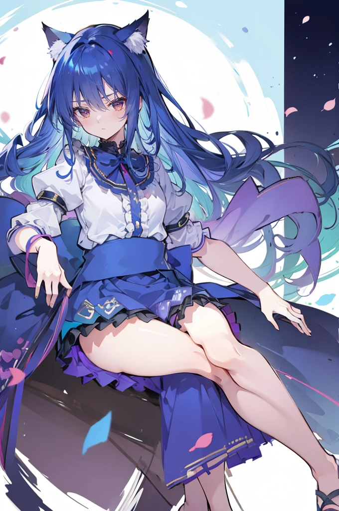 (masterpiece:1.2),Super detailed,Practical,expressive eyes,Fair skin,Perfect face shaping,1 Girl,
Japanese cartoons,Gorgeous blue hair, the long flowing blue hair,Floating clothes,Cat ears,Petals falling,beautiful lola,Young Angel,
Hands on waist,sit elegantly on the ground,Cross your legs,Gentle and peaceful background,Cool and cozy pavilion,Shy face ,night .