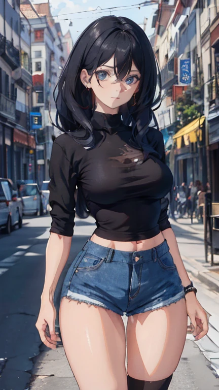 1woman, 1girl, solo woman, 1 person, single person, woman with a black baggy shirt and blue jeans, full body portrait, girl fanart, !!full body portrait!!, fullbody portrait, full body character portrait, full-body character portrait, detailed full body portrait, character full body portrait, full body illustration, anime full body illustration, anime style character, short brown hair, combat boots, green eyes, Black sweater, freckles, hoop earings, loose sweater, baggy sweater, color black, ((Oversized sweater)) ((no item in hands)) ((Black sweater)) ((Black clothing)) ((BROWN HAIR)) ((SHORT HAIR)) ((LEWD)) ((naughty)) ((Showing skin)) ((jeans)) ((Showing chest))