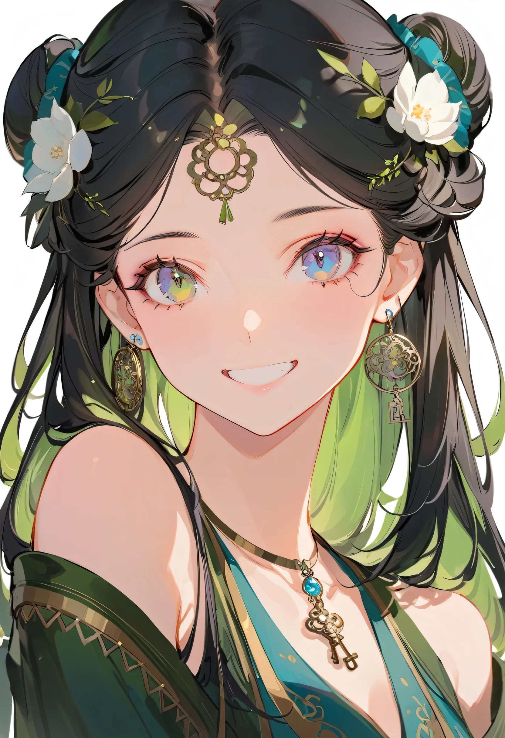 masterpiece, best quality, {best quality}, {{masterpiece}}, {high resolution}, Key Points, anime style, Cartoon closeup of a lady, Girls Design, Second-rate, portrait, Gisha, Anime Character, Long hair, Black Hair, heterochromatic eyes, Hair covers the ears, Happy, Delicate and powerful appearance, Dissonance, High, freckle, Smile
