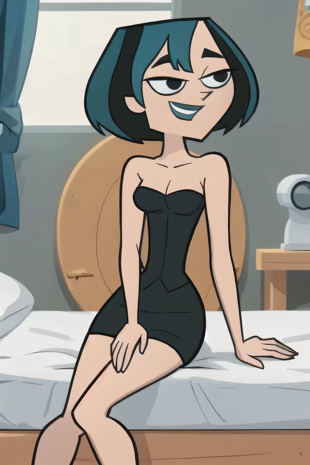(8k, RAW photo, best quality, masterpiece:1.2), (intricate details), perfect eyes, perfect face, perfect lighting, beautiful, (masterpiece:1.2), (best quality:1.2), 1girl, cartoon style, gwentdi, solo, black eyes, black strapless tube dress, medium breast, smile, Sitting down on her bed, legs crossed, hands down 