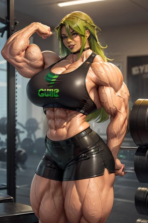 (((((Massive, tall, beautiful, sweating, buff,  light brown skinned, muscular woman with green hair, black lipstick, ginormous bulky muscles, flexing biceps and wearing a black leather sports bra and black dolphin shorts))))), (upper body view), (massive muscles), massive biceps, hyper muscle shoulders, vascular shoulders, hyper muscle triceps, (curvy long hair), orange eyes, choker, (in a weight room), confident smile, morning, hyper vascular arm, hyper muscles arms, hyper muscle legs, massive arms.