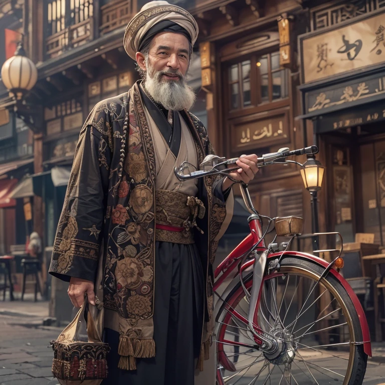Ride an antique bicycle in baker street 、Hair flows、 ((highest quality、masterpiece、8k、best image quality、ultra high resolution、Award-winning work)、(accurate anatomy:1.1)、(look at me and smile:1.1)、Shining fair skin with ultra high resolution、most detailed face、ultra high resolution detailed face、ultra high resolutionの髪の毛、(ultra high resolutionの煌めく瞳:1.1)、Beautiful face drawn in every detail、(blurred background:1.1)、ancient Islamic clothes, chest together, tattoo,