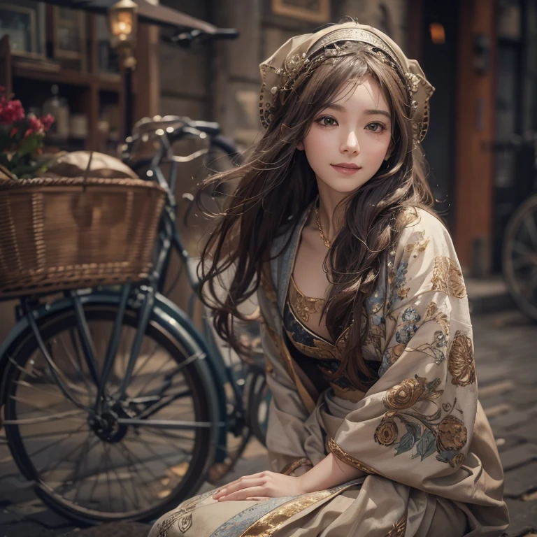 Ride an antique bicycle in baker street 、Hair flows、 ((highest quality、masterpiece、8k、best image quality、ultra high resolution、Award-winning work)、(accurate anatomy:1.1)、(look at me and smile:1.1)、Shining fair skin with ultra high resolution、most detailed face、ultra high resolution detailed face、ultra high resolutionの髪の毛、(ultra high resolutionの煌めく瞳:1.1)、Beautiful face drawn in every detail、(blurred background:1.1)、ancient Islamic clothes, chest together, tattoo,