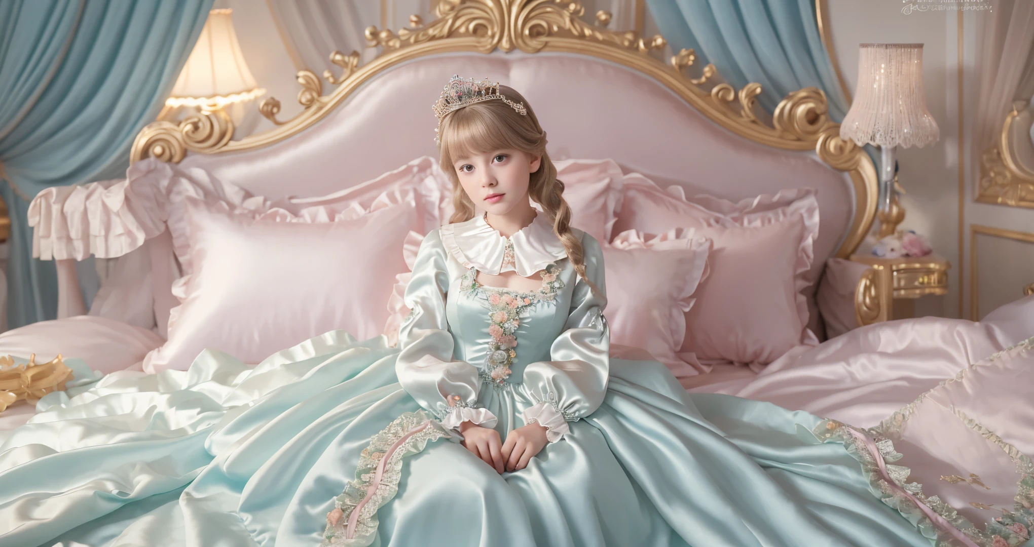 ,highest quality, masterpiece, Highest Resolution, artwork, super それにGet used to it, many Get used to it, Get used to it, それにGet used to it, 3K realistic photos,,((10 year old女の子)),Super detailed baby face,The two girls are princesses,Full-length ball gown dress with hoop skirt,Frilled yoke collar,Puff sleeves,Long sleeve,((Lolita Style Detailed Princess Satin Dress、Lots of frills and ribbons。)),colorful rococo fashion,shiny satin dress,Soft and smooth fabric,luxury,Long blonde hair,blue eyes,White skin European,pajamas,((Inside the palace)),,,(( 10 year old)),Super detailed baby face,Full-length ball gown dress with hoop skirt,Long skirt,Frilled yoke collar,Puff sleeves,腰まで伸びるLong blonde hair,blue eyes,White skin European,pajamas,((Inside the palace bedroom)),シルクサテンのluxuryなCanopy bedの上,Canopy bed,Gorgeous curtains on either side of the bed,There were a lot of frilly pillows on the bed.,Highly detailed background,Detailed bed,Romantic atmosphere,Two little princesses on the bed,((((Her legs are hidden inside the dress)))),The dress is spread out on the bed,Soft silk satin comforter in pastel colors,Pastel colored silk satin bed sheets,Soft silk satin ruffle pillow in pastel colors,Beautiful girl illustration,Beautiful detailed face Detailed hair,Detailed human eye ,Mouth details, Arm details,Beautiful Hands,Detailed pillow,