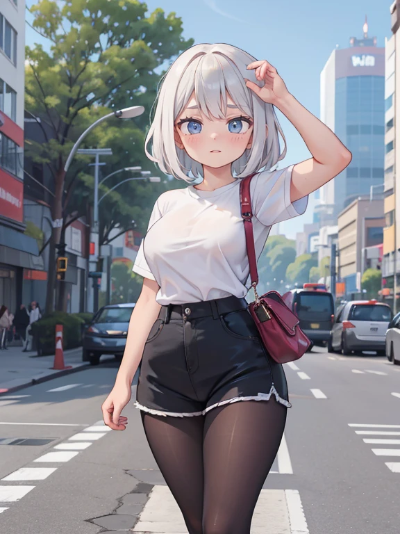 Maximum quality、Membros completos、dedos completos、uma linda mulher、Linda mulher peituda、Mulheres com cabelos lisoulher de cabelos castanhos、Top de malha laranja com gola alta e sem mangas、White shorts、black pantyhose、Um grande sorriso、Street trees、shibuya