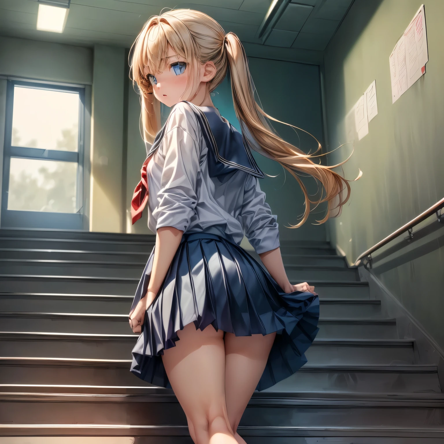 ((セーラー服の女性はSchool stairsを歩いている:1.4), (One adult woman:1.3), ((highest quality)), (Super detailed), (Very detailed CG 統合 8k 壁紙), Very detailed, High resolution raw color photos, Professional photography, Brown Hair, Long twin tails, Great face and eyes, Slender body, (Stunningly beautiful woman), (Beautifully detailed eyes:1.3), (Detailed face:1.2),(School stairs:1.3), Exact number of arms, Exact number of legs, Perfect Anatomy, (Embarrassed expression, Surprised expression), Angle from below, Looking Back, NSFW