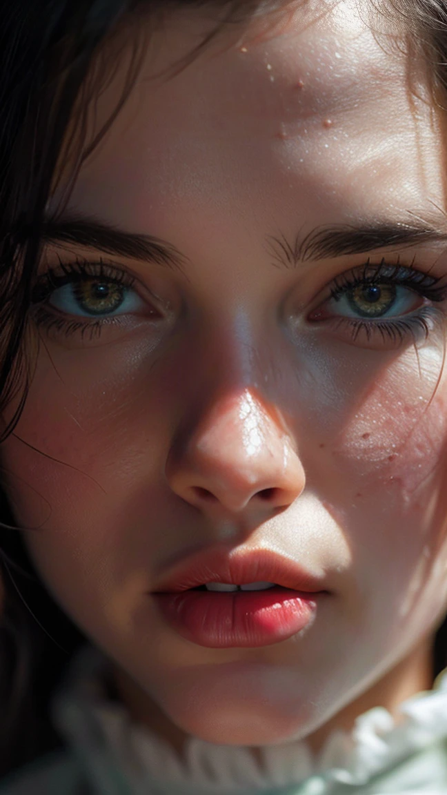 (((ultra realistic))) foto, obra de arte, Maximum quality, (Pale skin), (Rosto e olhos ultra detalhados:1.3). Uma deusa, mulher de adulta de 45 anos em um vestido rosa. Lindos olhos azuis brilhantes, large detailed fleshy lips, lindos e longos cabelos ruivos, seios grandes e naturais. She is posing in a photo shoot with a close-up portrait, close to the camera, ultra detalhado,