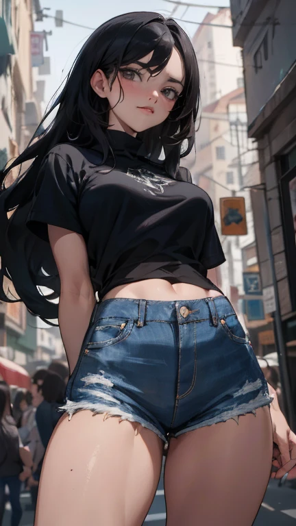 1 garota,cabelo preto curto,olhos azuis, vestindo camisa branca lisa,shorts jeans,cidade,
absurdos,high resolution,ultra-afiado,8k,obra de arte,olhando para o espectador.