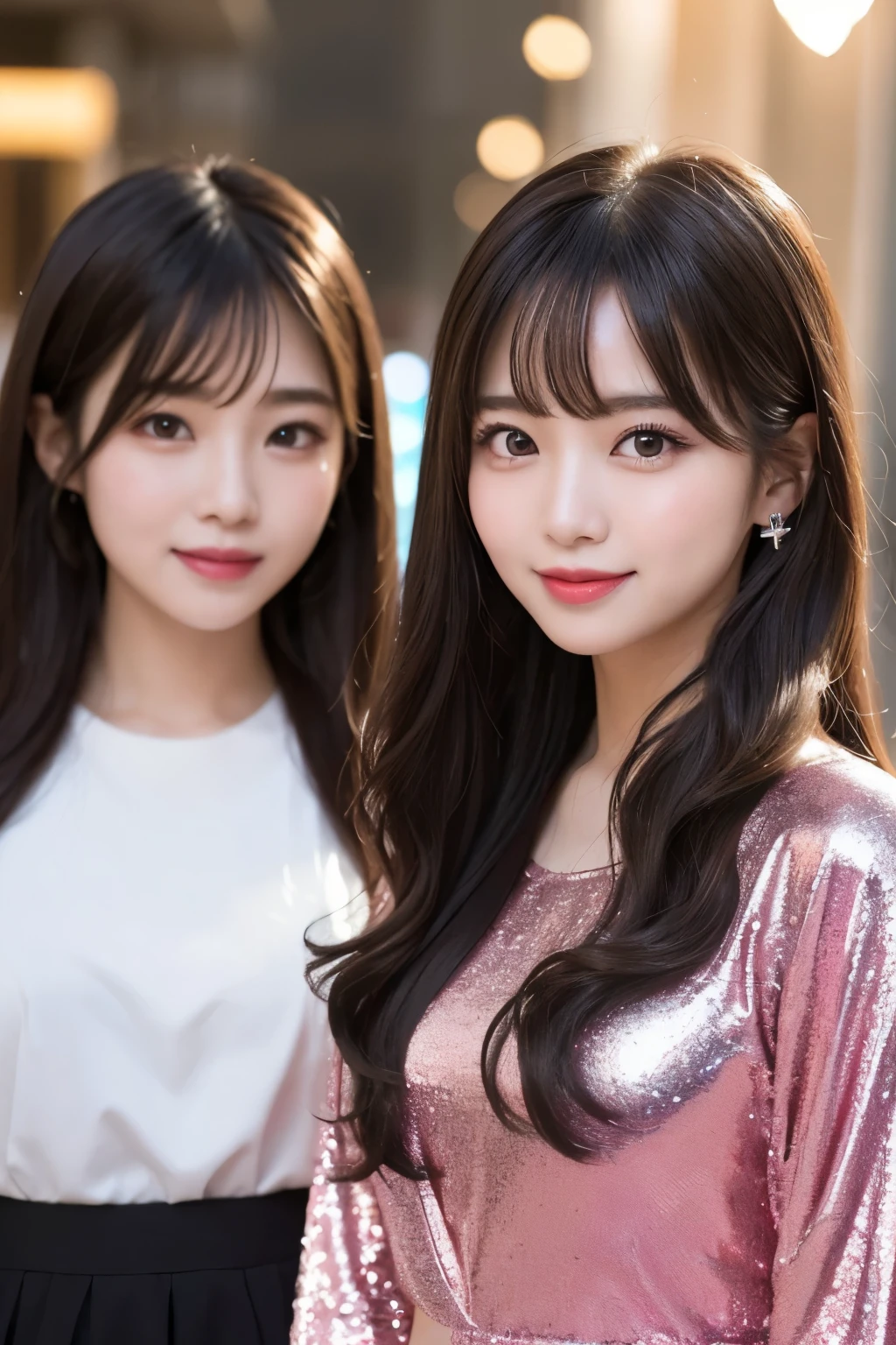 Hot Asian girls, radiating cuteness with a charming smile, form the spirit of K-pop. Their kawaii charisma shines through, capturing hearts in an instant. This top-quality, 8K masterpiece: 1.5, showcases several stunningly beautiful Asian women, dressed in trendy outfits, with flawless, sparkling skin. Their hair is styled in various cute ways, from sleek straight bobbed cuts to playful messy curls. Each girl's eyes, big and beautiful, sparkle like precious gems, reflecting their infectious energy. The background is artfully blurred, letting their vibrant personalities steal the spotlight. In this