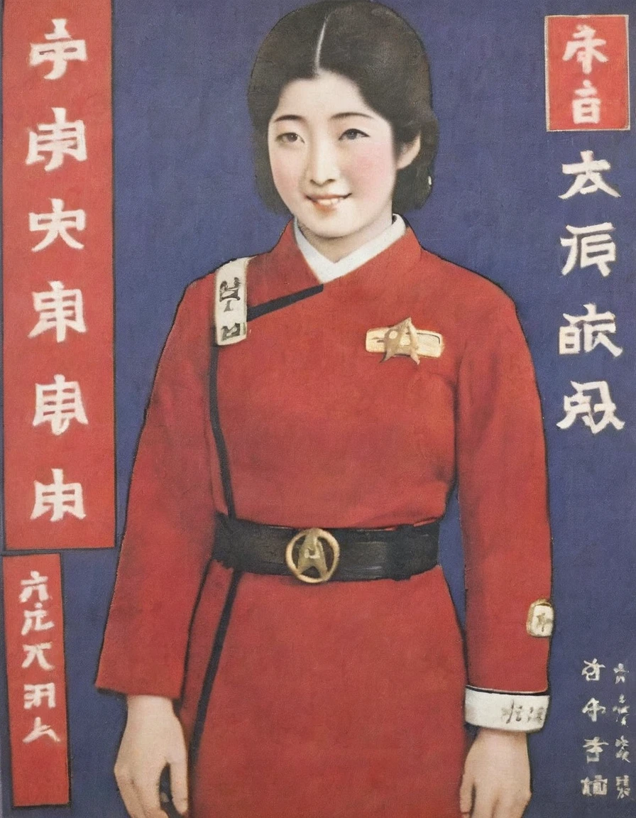 a 1930s Japanese ukiyo e prints poster featuring an fullbody Japanese female in wokunf red uniform with japanese text