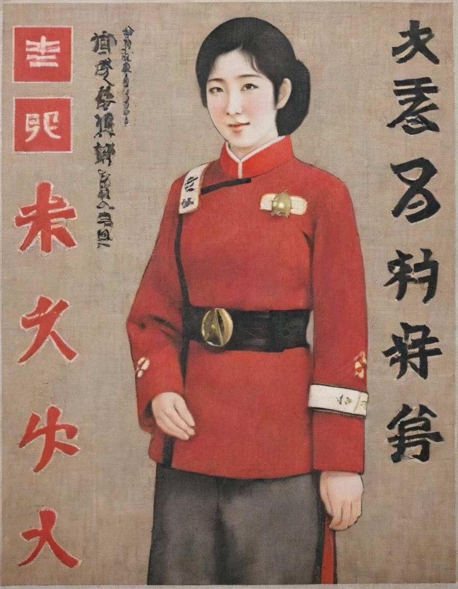 a 1930s Japanese ukiyo e prints poster featuring an fullbody Japanese female in wokunf red uniform with japanese text