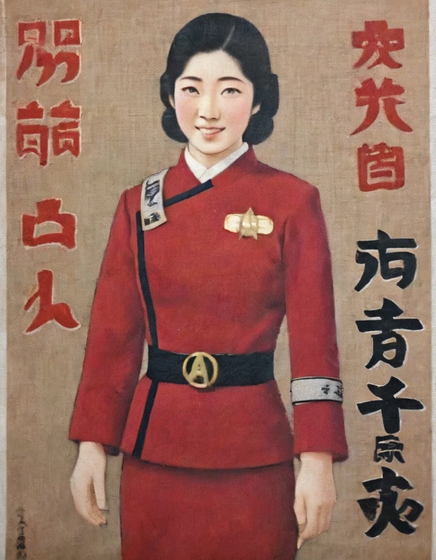 a 1930s Japanese ukiyo e prints poster featuring an fullbody Japanese female in wokunf red uniform with japanese text