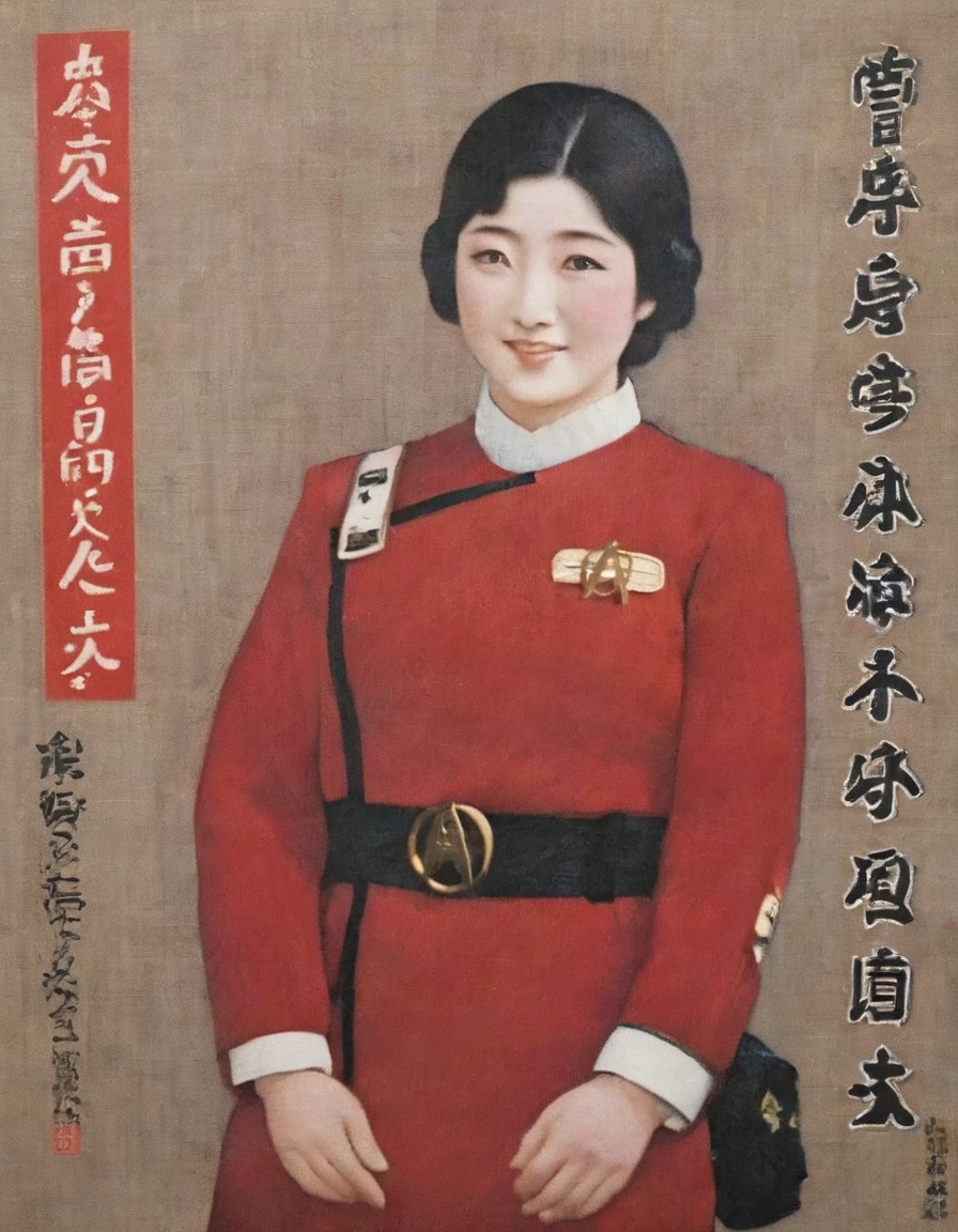 a 1930s Japanese ukiyo e prints poster featuring an fullbody Japanese female in wokunf red uniform with japanese text