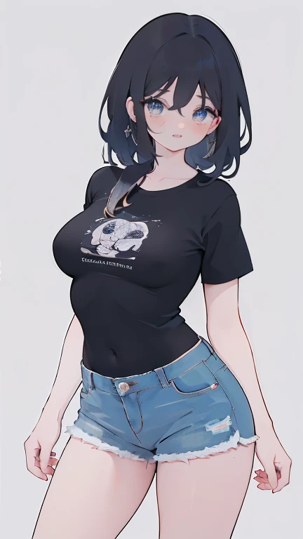 1 garota,cabelo preto curto,olhos azuis, vestindo camisa branca lisa,shorts jeans,cidade,
absurdos,high resolution,ultra-afiado,8k,obra de arte,olhando para o espectador.