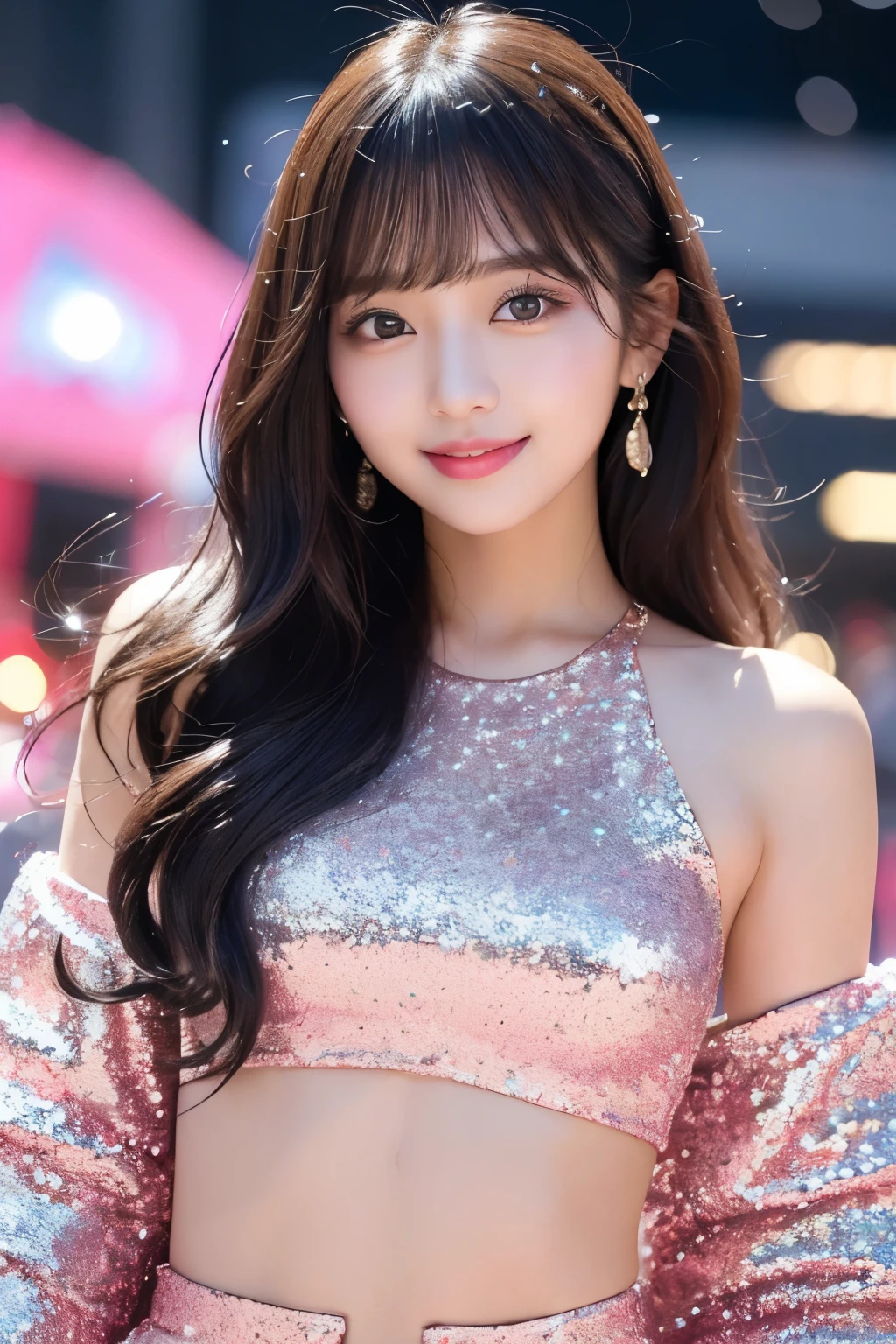 Hot Asian girls, radiating cuteness with a charming smile, form the spirit of K-pop. Their kawaii charisma shines through, capturing hearts in an instant. This top-quality, 8K masterpiece: 1.5, showcases several stunningly beautiful Asian women, dressed in trendy outfits, with flawless, sparkling skin. Their hair is styled in various cute ways, from sleek straight bobbed cuts to playful messy curls. Each girl's eyes, big and beautiful, sparkle like precious gems, reflecting their infectious energy. The background is artfully blurred, letting their vibrant personalities steal the spotlight. In this
