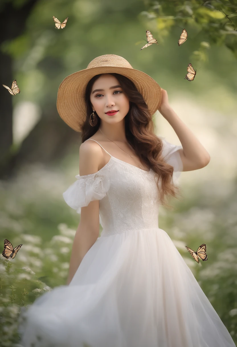 ,masterpiece, best quality,8k, ultra highres,Reallightandshadow,Cinema lenses,(beautidful eyes:1.1), ((medium shot the scene is,The upper part of the body)),dynamicposes,On a green meadow,A gentle goddess came with a gentle step。She wore a white dress,A gentle breeze blows,The skirt dances lightly。The sun shines through the leaves on her hair,Reflecting her clear eyes and gentle smile。Colorful butterflies flew around her,Flowers bloomed at her feet,It was as if nature was cheering for her。