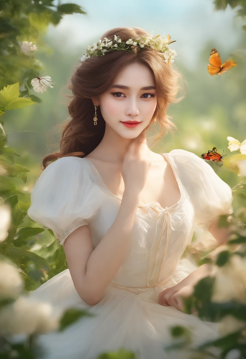,masterpiece, best quality,8k, ultra highres,Reallightandshadow,Cinema lenses,(beautidful eyes:1.1), ((medium shot the scene is,The upper part of the body)),dynamicposes,On a green meadow,A gentle goddess came with a gentle step。She wore a white dress,A gentle breeze blows,The skirt dances lightly。The sun shines through the leaves on her hair,Reflecting her clear eyes and gentle smile。Colorful butterflies flew around her,Flowers bloomed at her feet,It was as if nature was cheering for her。