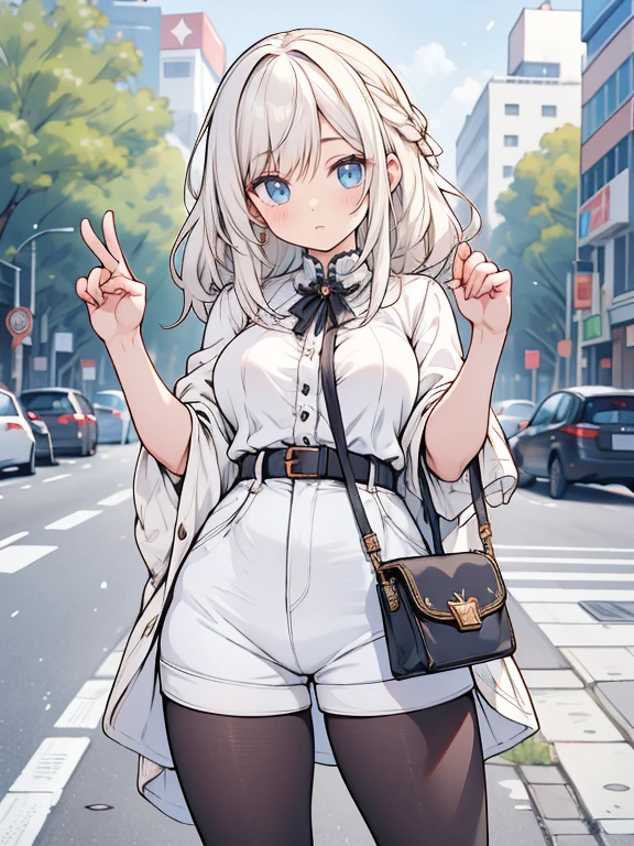 Maximum quality、Membros completos、dedos completos、uma linda mulher、Linda mulher peituda、Mulheres com cabelos lisoulher de cabelos castanhos、Top de malha laranja com gola alta e sem mangas、White shorts、black pantyhose、Um grande sorriso、Street trees、shibuya