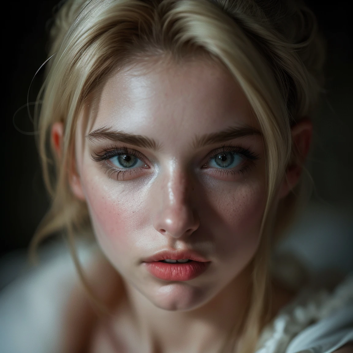 (((ultra realistic))) foto, obra de arte, Maximum quality, (Pale skin), (Rosto e olhos ultra detalhados:1.3). Uma deusa, mulher de adulta de 45 anos em um vestido rosa. Lindos olhos azuis brilhantes, large detailed fleshy lips, lindos e longos cabelos ruivos, seios grandes e naturais. She is posing in a photo shoot with a close-up portrait, close to the camera, ultra detalhado,