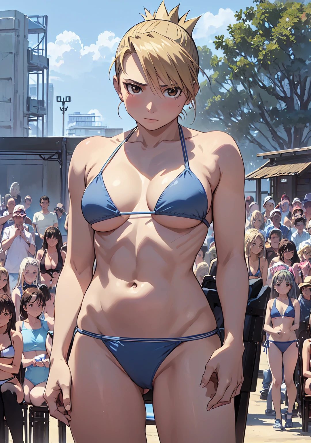 masterpiece, highest quality, High resolution, One Girl, Hamriz, ponytail, Brown eyes,big , Micro Bikini、Beach,Outdoor、Upper body close-up、Muscular body、blush、Sweat、Composition from the front、anime、(((Light blue bikini、Stand in front、audience、Facing forward)))