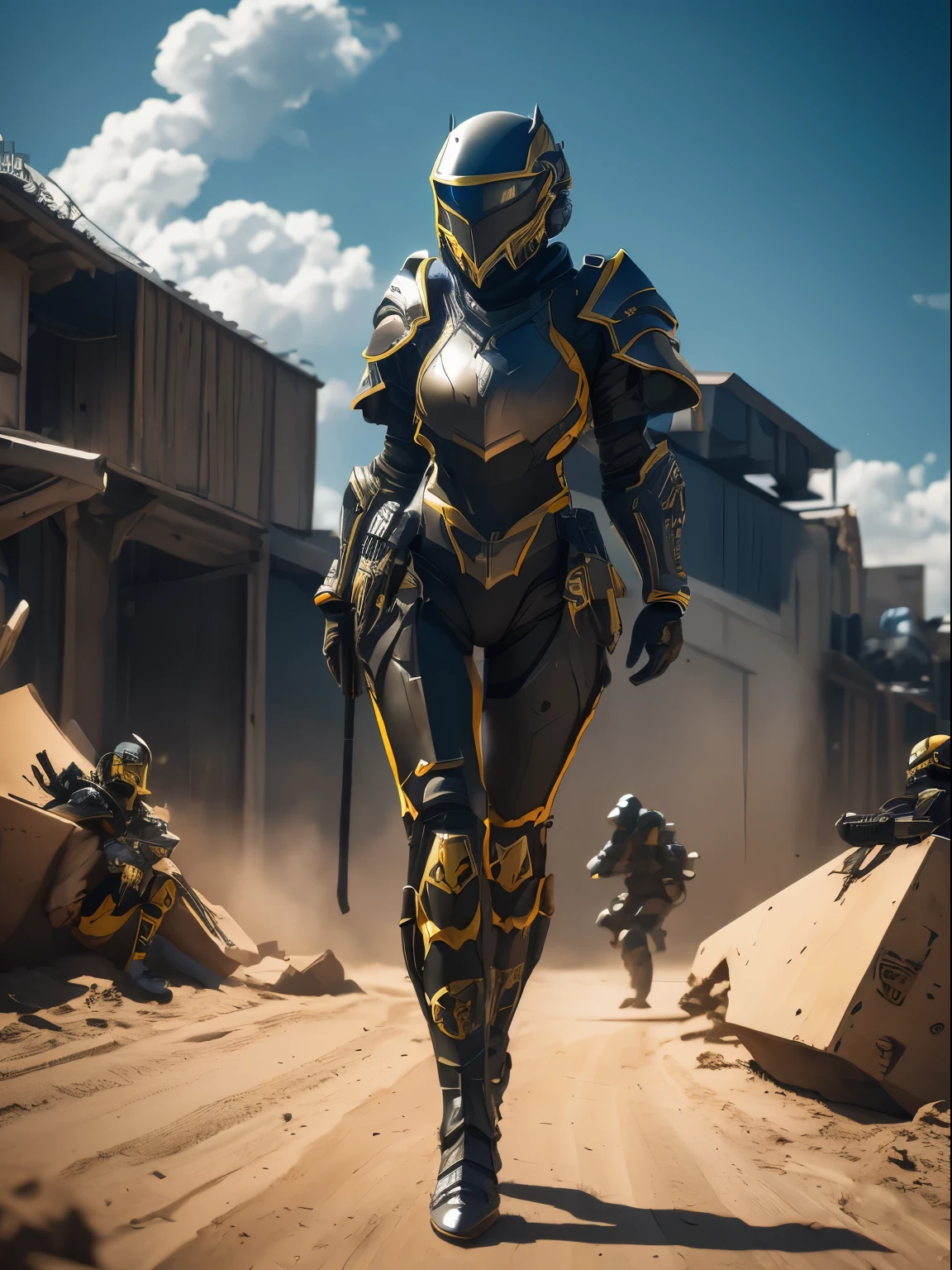 Female Sexy Helldivers,big tits,suggestive pose,black armor and yellow,yellow stripes,Full space helmet,high resolution、​masterpiece、top-quality、ultra-detailliert、​masterpiece、sharp focus、lighting like a movie、One adult woman、Full body depiction、Black reinforced armored suit for troops、Helmet that covers the head and face、With full face shield、full armor、Full Face Armor、Black combat goggles、Black sunglasses、Gun firing、glint、sky at night、 battle field、detailed face depiction、Detailed hand depiction、watching at viewers、Dynamic action