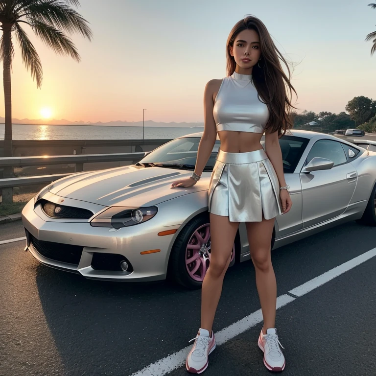 A realistic photo，A brown-haired woman stands confidently in front of a silver luxury sports car parked on the road. She faces the camera directly, Wearing a stylish white crop top and high waisted pink skirt, Paired with white sneakers. The setting sun casts warmth, A golden light appears on the scene, Highlight the chic woman&#39;s outfit and the sleek lines of the car in the background, Providing an elegant and upscale lifestyle.