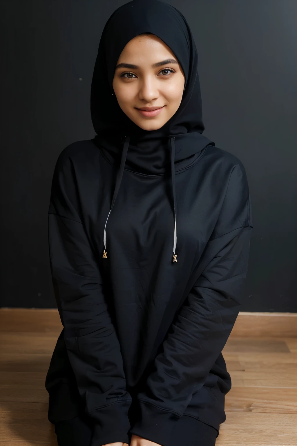 female, hijab, egyption, beautiful, black clothes, oversized hoodies, medium, hands behind her back, looking straight at the camera, sitting, smiling, short, white skin, closed mouth, blue wall behind her, unblured, ultra realistic