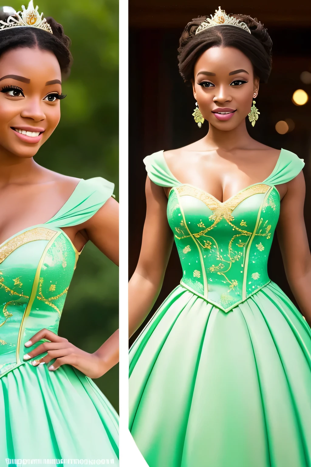 imagine disney princess tiana realistic look, full body with her iconic dress inspired dress