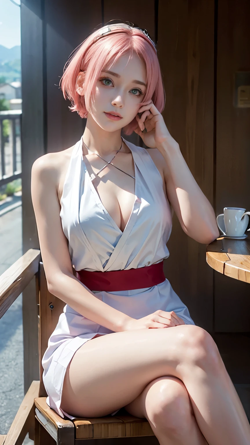 ((highest quality, 8k, masterpiece: 1.3)), (Detailed face:1.4)、Detailed skin、Detailed eyes、transparent, (.pink straight short hair)、Green Eyes、Forehead hair band、Kind Face, Thin, parallel eyebrows, smile, Natural Makeup,(Red sleeveless:1.2)、(White long skirt:1.2) , slit,Big Breasts、(Cleavage:1.2)、(Thighs:1.2)、(Sitting)、(Crossing your legs:1.4)、 Lunch at a cafe in the sunshine, 