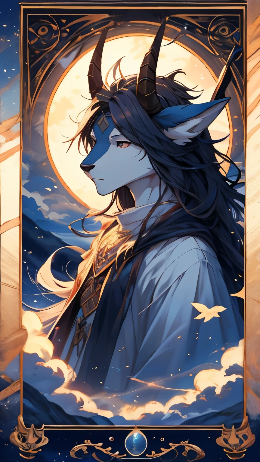 （4k，high resolution，Realism:1.37），portrait，fantasy，Tarot，breeze，peaceful，Peace，Ethereal，Fantastic，mystery，Soft colors，Delicate brushstrokes，Wind rotation，Magical atmosphere，Beautiful movements，horn，Exquisite features，Flowing hair，mystery的表情。
