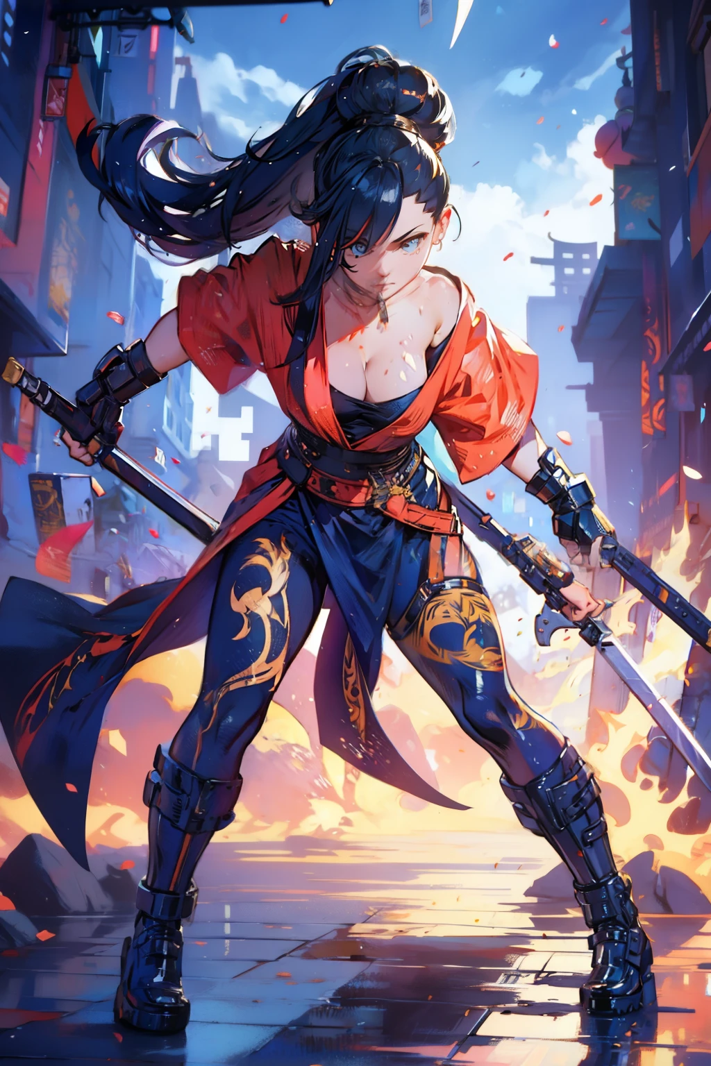 gorgeous woman, holding a giant katana on her shoulder, perfect face, ultra long hair, standing, ultra detailed face, kunoichi, perfect giant katana, heavy katana