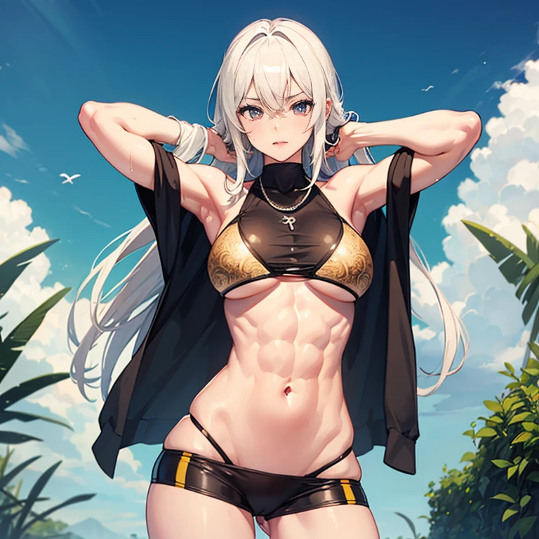1 girl, wet muscles, wet body, wet legs, red bra, blue skirt, gold chain, huge muscles, muscle growth, big muscular biceps, muscular abdomen, 8 abs, large muscular , big chest muscle, muscular torso, looking shy, beautiful eyes, colored hairs, lower body tattoo, big muscular tighs, flexing, standing on grass, hyper muscles, hypermuscle
