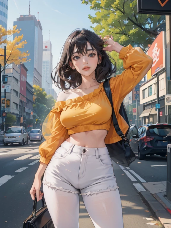 Maximum quality、Membros completos、dedos completos、uma linda mulher、Linda mulher peituda、Mulheres com cabelos lisoulher de cabelos castanhos、Top de malha laranja com gola alta e sem mangas、White shorts、black pantyhose、Um grande sorriso、Street trees、shibuya