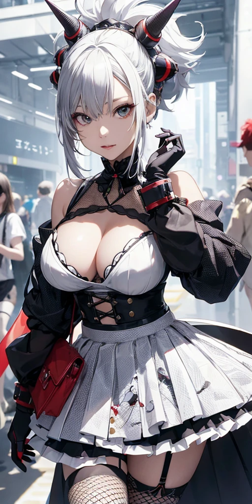 Very detailedな CG Unity 8K UHD 品質解像度の壁紙, Award-winning portraits, Official Art, A perfect masterpiece, highest quality, Highest Resolution, The most beautiful demon goddess, Very detailedな原宿スタイルのフード付きacceptCostumes, mini skirt,Fishnet tights, Bold colors and patterns, Trendy and innovative platinum white mohawk hairstyle, Bright makeup, Super huge huge , Showing cleavage, accept'large chest sticks out'Costumes, A stunning feudal Japanese garden, A faithful recreation of feudal Japan...., Vibrant color scheme, Insane Details, Beautiful and dense face, blush, Sexy and charm lascivious expression, Looking at the audience, Obscene, Saucy, charm, sexy, Dynamic pose, Intricate details, Very detailed.