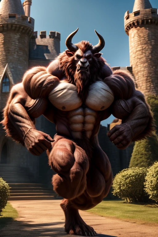 A photorealistic image of the Beast from the movie Beauty and the Beast, super muscular giant, with muscular arms, broad shoulders, giant and toned physique, bursting muscular veins, blue eyes, tail, super furry brown fur, backward facing horns, with veins jumping, barefoot, in the garden of his castle