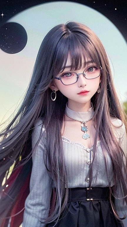 Glasses、Turquoise eyes、(highest quality, masterpiece), One girl, Pause, particle, Wind, flower, Upper Body, Simple Background, View your viewers, , Milky Way,smile、See-through、mysterious、（Silver Long Hair、Some have red hair）、Earrings、Twin taililky way、Crescent Moon