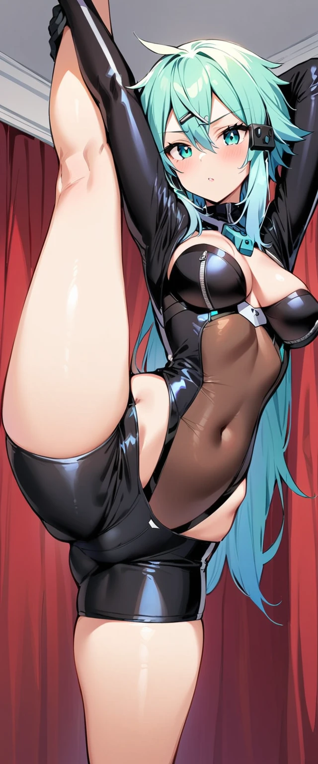 (masterpiece, best quality:1.2), 1girl, solo,standing_split,
sinon, cyber latex uniform, (royal bedroom background, ),