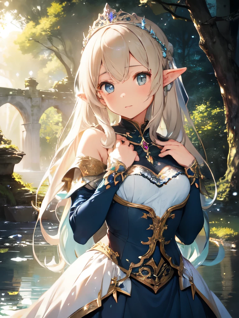 1girl ,masterpiece, best quality, ultra-detailed, illustration, Character: enigmatic elven princess
Style: fantasy elegance
Quality: meticulous attention to intricate details, capturing the essence of nobility
Lighting: soft moonlight illuminating delicate elven features
Shading: subtle gradients enhancing the character's ethereal beauty
Clothing: flowing gown adorned with intricate elven patterns, jeweled tiara
Background: moonlit forest glade with ancient trees and shimmering pond