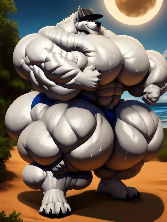 4K, high resolution, best quality, perfect lightning, perfect, Solitary, anthropology, young, Boys,White Wolf:2.0, Hairy body, (Fluffy mane:1.2), Fluffy tail, male, aldult, (Bulky 2:0, Thick muscle 2:0, Huge muscles:2.0, muscular:2.0), (Thick biceps, Veinous biceps, Broad shoulders:2.0), (Thick Legs, Thick calves:1.1), (Digitized foot, 4 Toes:1.2), perfect colors, (Realistic hair, Detailed fur, epic, masterpiece), (Suggestive pose:1.2), (seductive smile, smile 1.3), Beach detail:2.0,Detailed wolf eye:2.0, From k0suna, through dark gems，Superweapon:2.0，vein,White body,White fur,hyperass:2.0,Super strong claws:2.0，permanent，Thick Legs，thick ass:2.0,Sweaty body:2.0,Huge ass:2.0,Black Hat,hyperass:2.0,Huge ass:2.0,Present the ass:1.2,Long legs,Juicy ass:2.0,hyperass