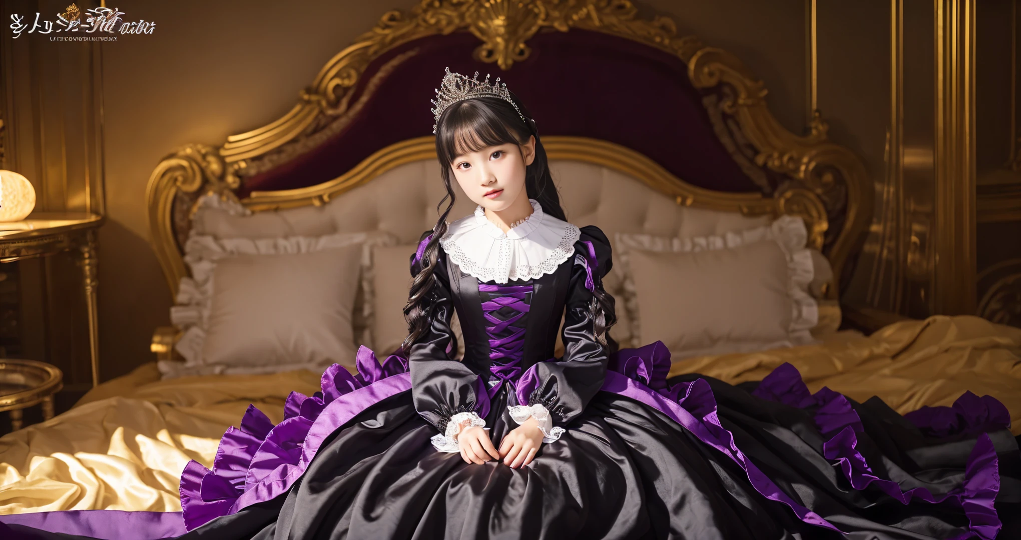 ,highest quality, masterpiece, Highest Resolution, artwork, super それにGet used to it, many Get used to it, Get used to it, それにGet used to it, 3K ultra-high resolution realistic photos,,(( When I was 10 years old)),Super detailed baby face,She is a princess,Full-length ball gown dress with hoop skirt,Frilled yoke collar,Puff sleeves,Long sleeve,((Lolita style black and purple princess satin dress、Lots of frills and ribbons。)),Rococo Fashion,shiny satin dress,Soft and smooth fabric,luxury,Long black hair,Red eyes,White skin European,Vampire，pajamas,((In the dark palace)),,,(( When I was 10 years old)),Super detailed baby face,Full-length ball gown dress with hoop skirt,Long skirt,Frilled yoke collar,Puff sleeves,pajamas,((In the bedroom of the Demon King&#39;s castle)),黒と紫のシルクサテンのluxuryなCanopy bedの上,Canopy bed,Luxurious curtains under a canopy,There were a lot of frilly pillows on the bed.,Highly detailed background,Detailed bed,Silk satin bed sheets,Soft silk satin quilt,Soft silk satin ruffle pillow in pastel colors,The little princess is sitting on the bed,((((A large ball gown dress that completely covers the legs)))),((((Her legs are hidden by the dress,Don&#39;Don&#39;put your legs out to the side)))),Beautiful girl illustration,Beautiful detailed face Detailed hair,Detailed human eye ,Mouth details, Arm details,Beautiful Hands,Detailed pillow,Behind the girl were piles of frilly pillows.,