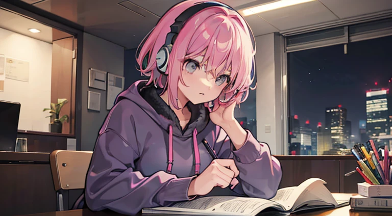 A woman with pink middle-aged hair studying with headphones on Wearing a grey sweatshirt Night time